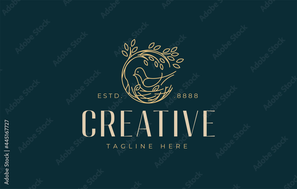 Bird Nest Logo Design Template. bird with nest in circle tree. Symbol Icon Line Art Vector Bird Nest Logo Design Template. bird with nest in circle tree. Symbol Icon Line Art Vector