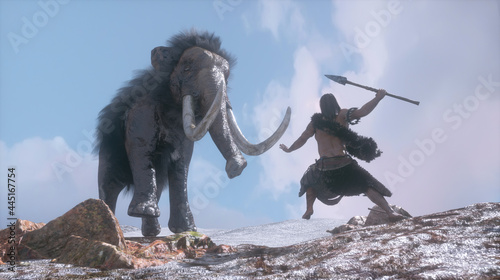 an ancient primitive caveman hunts a mammoth 3d render