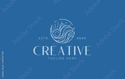 Sun and ocean wave Logo Design Template. Summer sea with big waves and sun Symbol Icon Line Art Vector