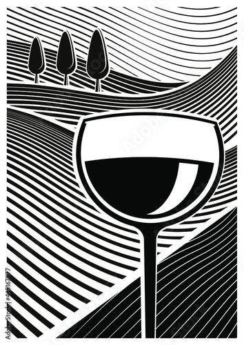 Vector illustration of a vineyard. In the foreground are a glass of wine. In black and white colors.