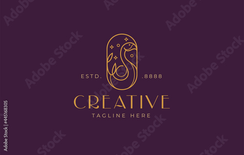 Flamingo line Logo Design Template. Flamingo in Oval Symbol Icon Line Art Vector
