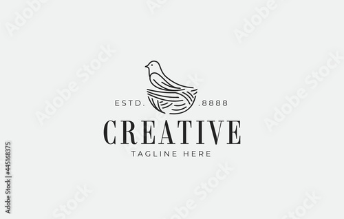 Bird in a Nest Logo Design Template. Company Symbol Icon Line Art Vector