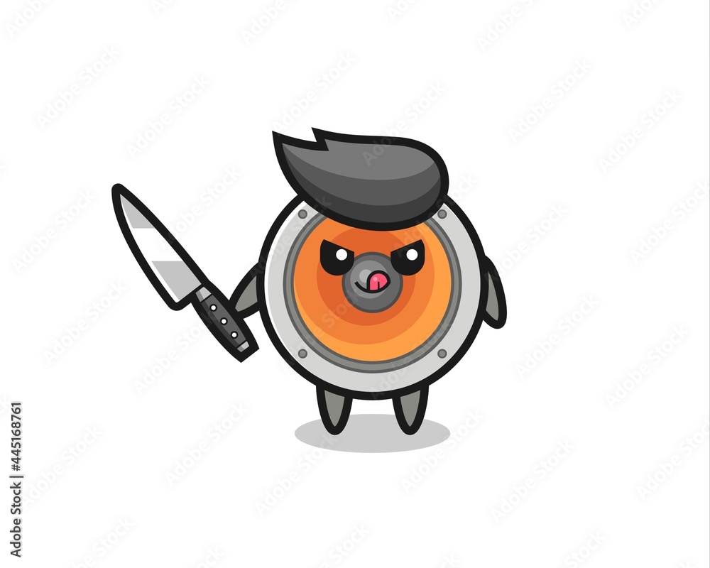 cute loudspeaker mascot as a psychopath holding a knife