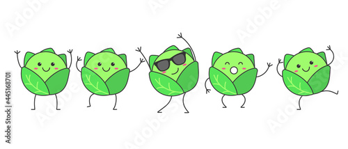 Character cartoon cabbage dancing happy emotions set icon logo vector illustration.
