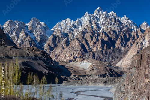hunza river valley Passu cones mountain range . High quality photo