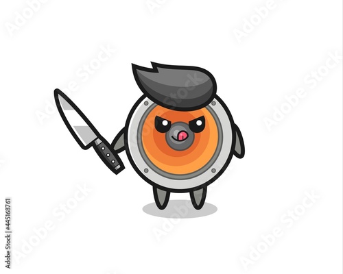 cute loudspeaker mascot as a psychopath holding a knife