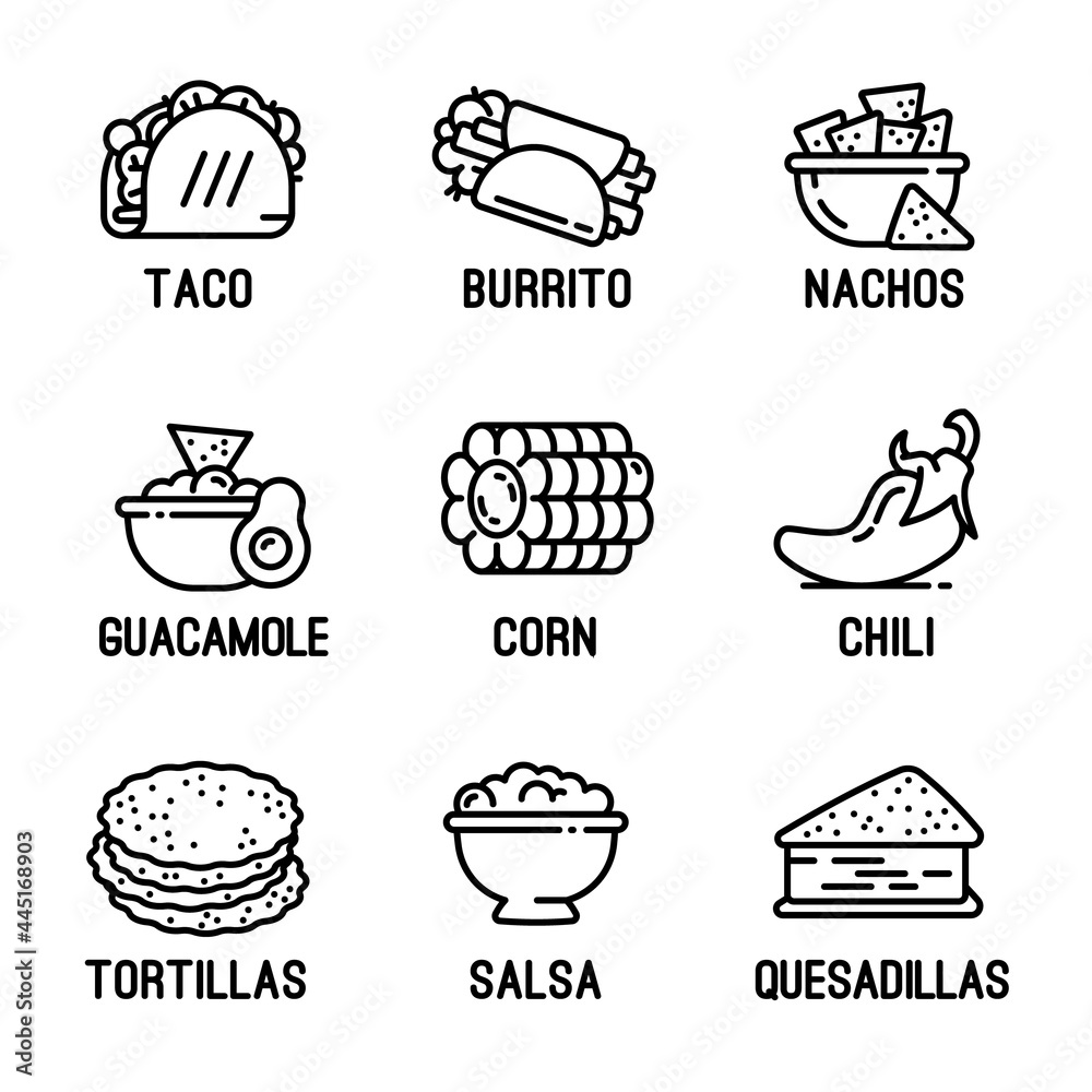 Mexican food icons set. Outline set of mexican food vector icons for web design isolated on white background