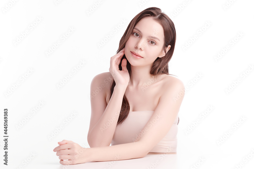 Beautiful young asian woman with clean fresh skin on white background, Face care, Facial treatment, Cosmetology, beauty and spa, Asian women portrait.