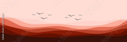 bird silhouete in mountain landscape vector illustration for background, wallpaper, backdrop, web banner, design template and tourism design template
