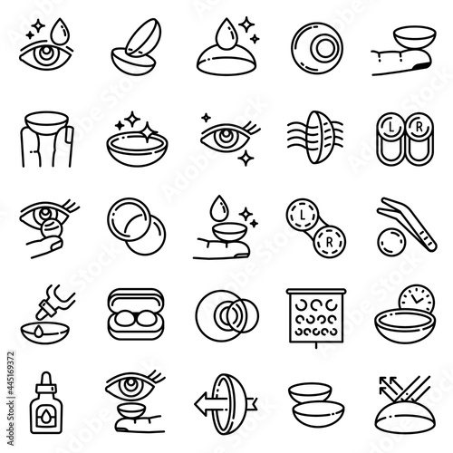Contact lens icons set. Outline set of contact lens vector icons for web design isolated on white background