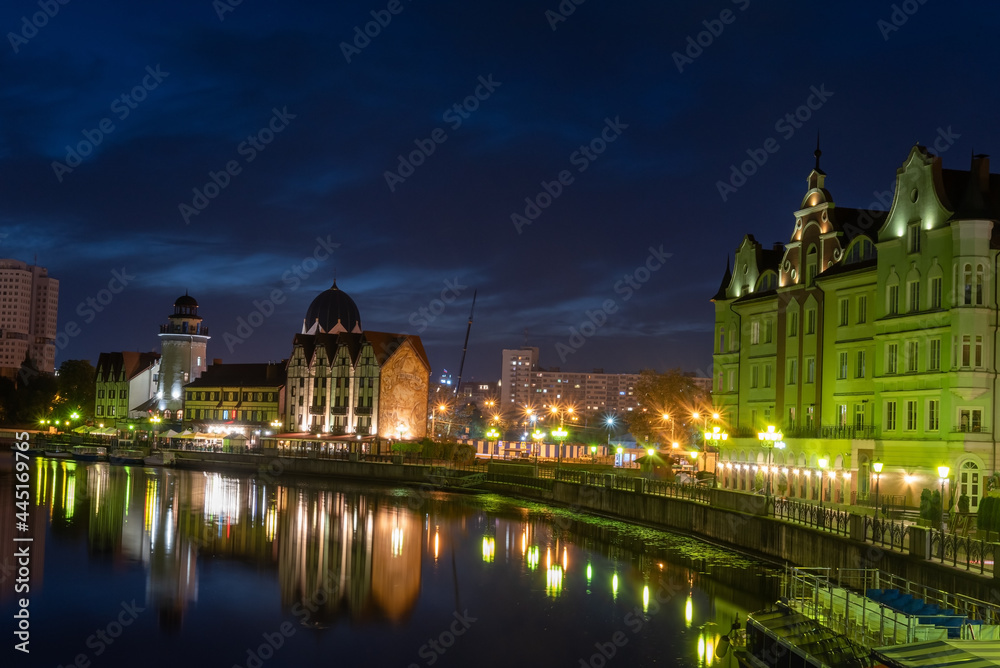 Russia, Kaliningrad 05 June 2021 Night photography. The moon is shining. The central part of the city of Kaliningrad.