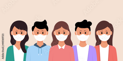 Group of people wearing medical mask to prevent from corona virus.vector illustration in a flat style