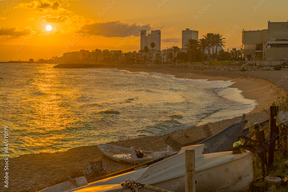 Sunrise view of the Carmel Beach, towards Bat Galim, Haifa