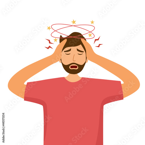 Sick man having dizzy symptom in flat design on white background. Guy feeling vertigo. Dizziness illness.