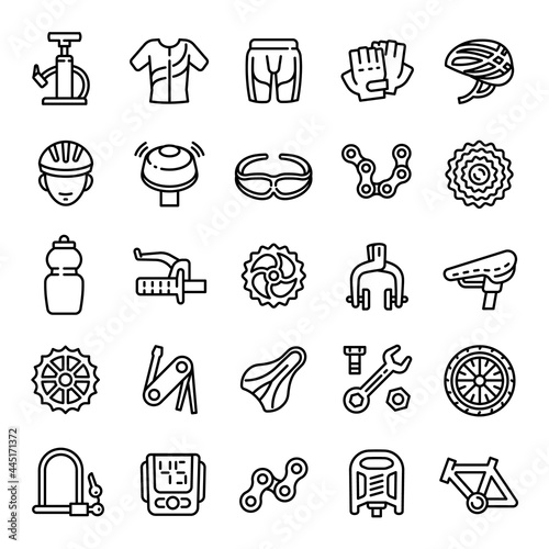 Cycling equipment icons set. Outline set of cycling equipment vector icons for web design isolated on white background