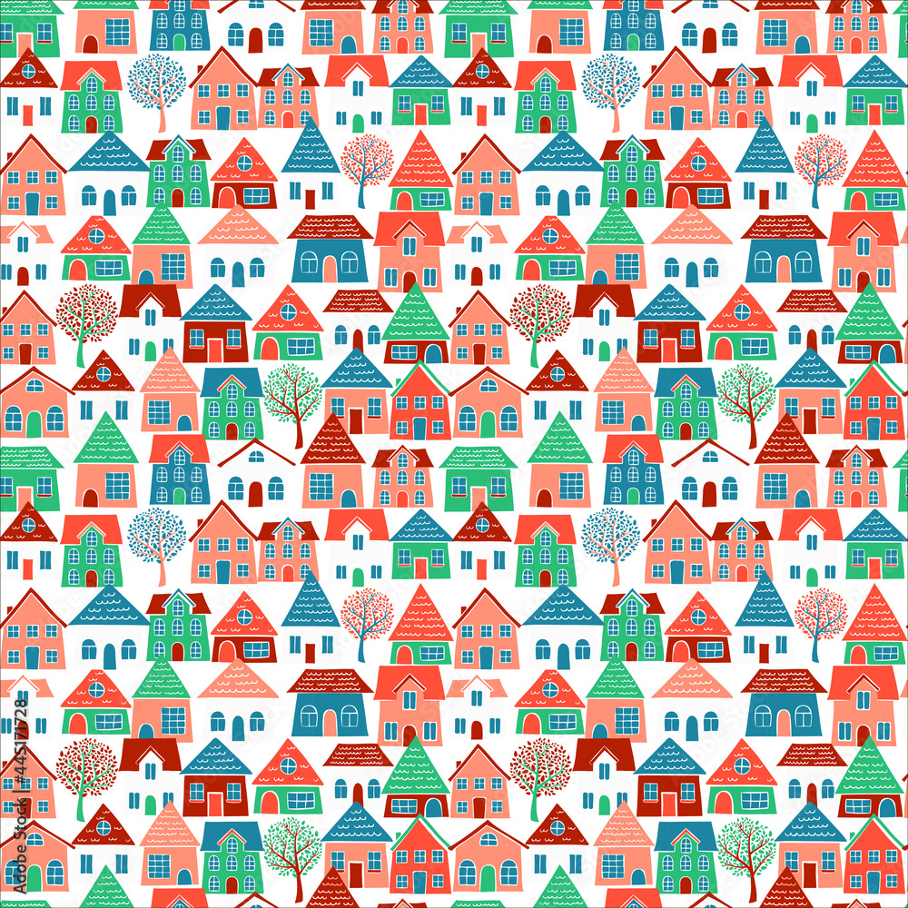 seamless geometric pattern with houses and trees