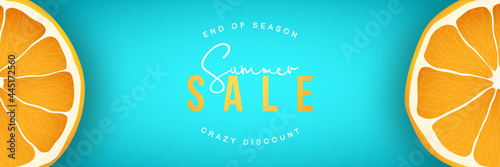Summer Sale horizontal banner with Orange fruit cutaway. Crazy Discount vector banner. Design template for web, social media, card etc.