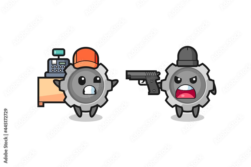 illustration of the cute gear as a cashier is pointed a gun by a robber illustration of the cute gear as a cashier is pointed a gun by a robber