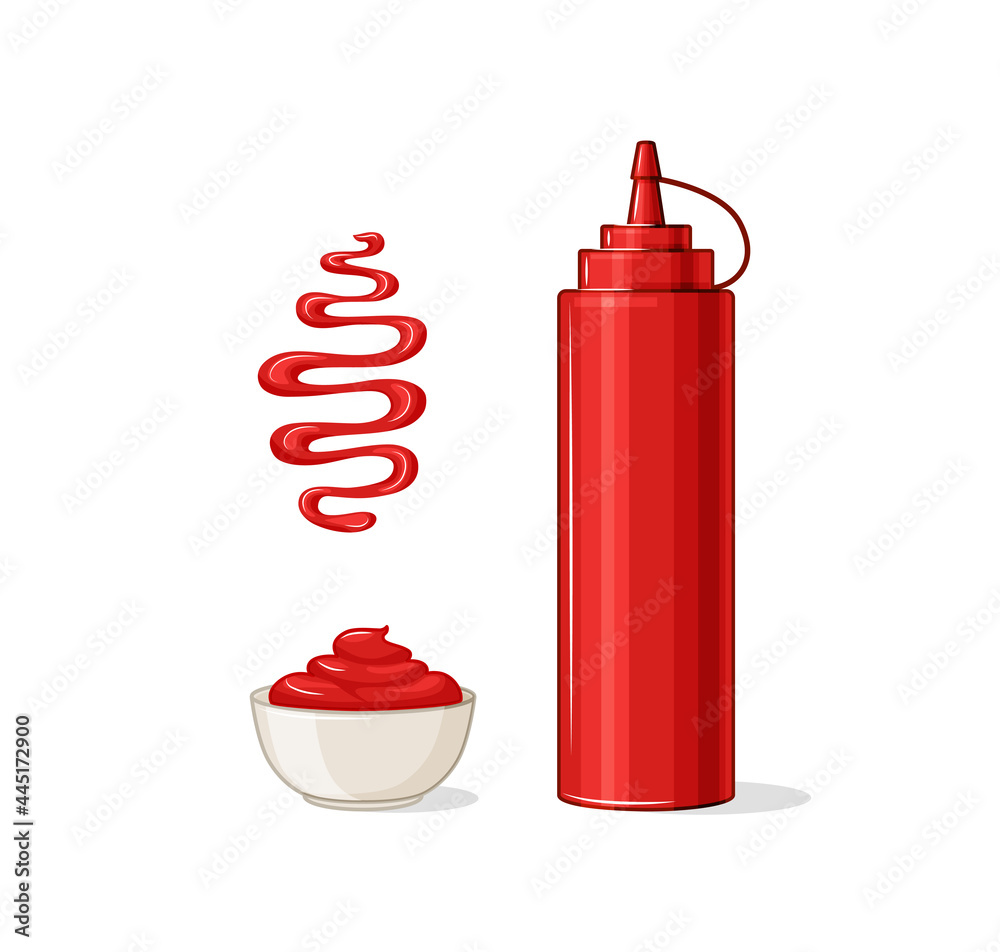 Obraz premium Ketchup vector set. A bottle, a gravy boat, a spot of ketchup