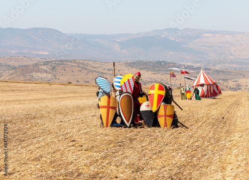 Foot warriors - participants in the reconstruction of Horns of Hattin battle in 1187, are on the battle site, near TIberias, Israel photo