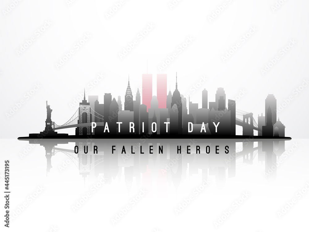Naklejka premium New York City skyline September 11, 2001. American Patriot Day anniversary banner. Our fallen heroes. Stock vector illustration.