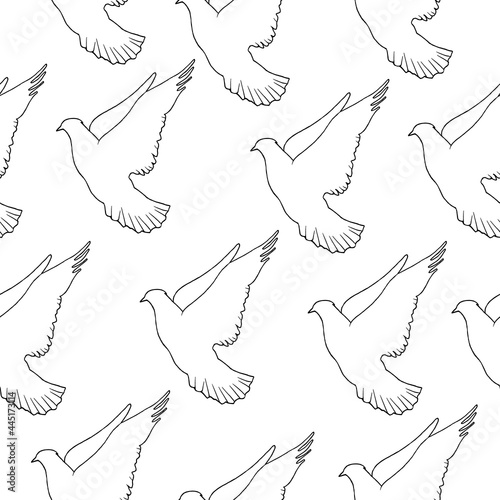 Seamless pattern of flying pigeons on a white background.Silhouettes of vector birds.The pattern can be used in textiles, wallpaper, and postcards