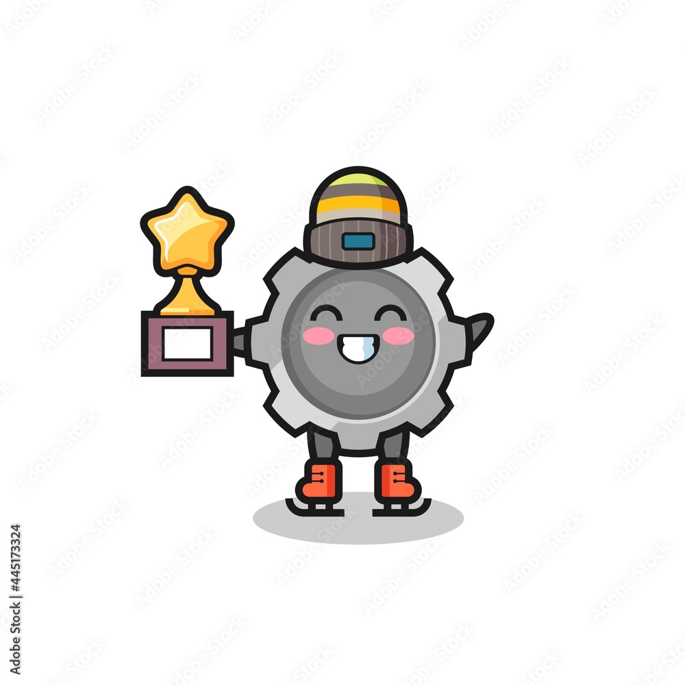 Fototapeta premium gear cartoon as an ice skating player hold winner trophy