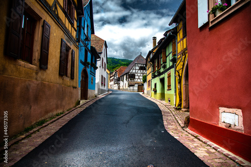 Fototapeta Naklejka Na Ścianę i Meble -  Magnifique rue dans le vignoble alsacien avec des maison à colombage de différentes couleurs