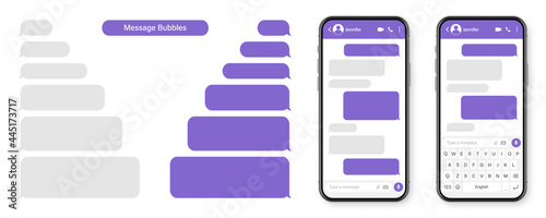 Realistic smartphone with messaging app. Blank SMS text frame. Conversation chat screen with violet message bubbles. Social media application. Vector illustration.