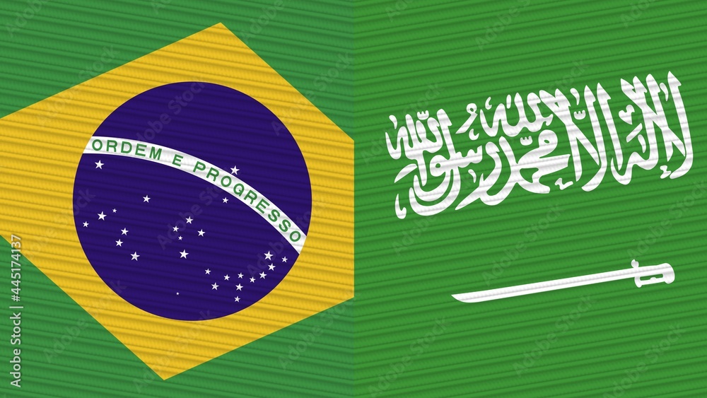Fototapeta premium Saudi Arabia and Brazil Two Half Flags Together Fabric Texture Illustration