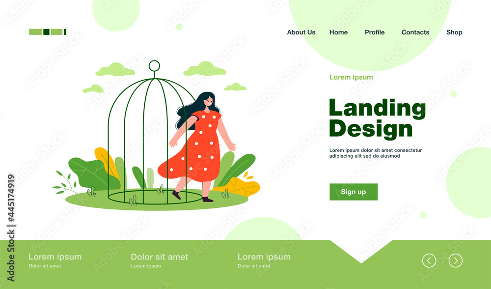 Fototapeta premium Happy woman leaving birdcage. Female cartoon coming out of cage, opening up flat vector illustration. Freedom, domestic violence, mental health concept for banner, website design or landing web page