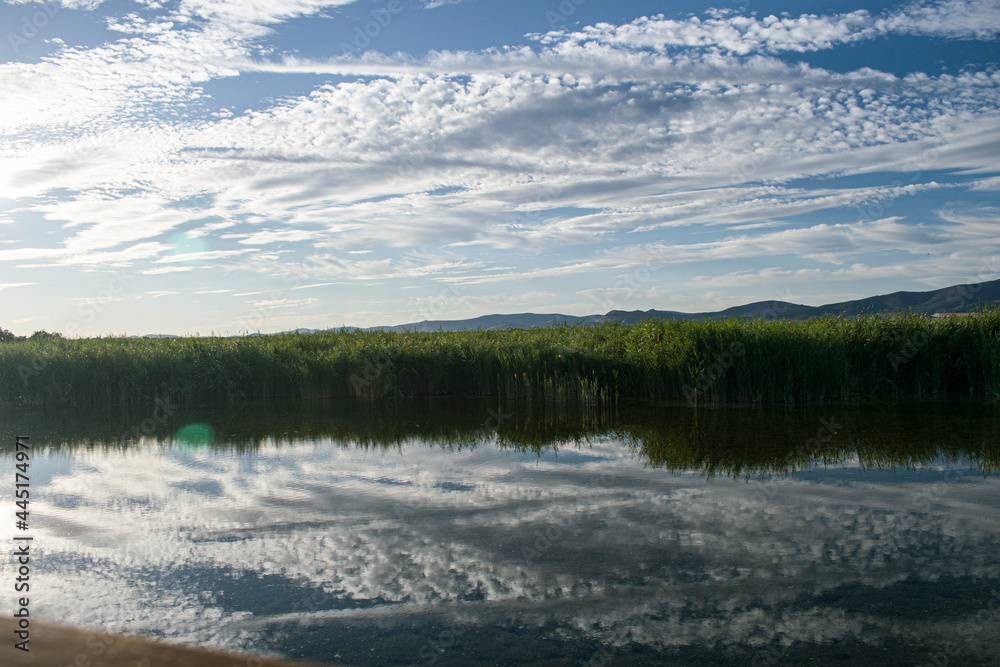 Obraz premium Paisaje de laguna con reflejos en verano.