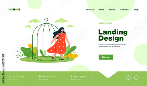 Happy woman leaving birdcage. Female cartoon coming out of cage, opening up flat vector illustration. Freedom, domestic violence, mental health concept for banner, website design or landing web page