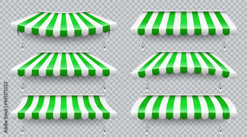Shop sunshade with metal mount. Realistic green striped cafe awning. Outdoor market tent. Roof canopy. Summer street store. Vector illustration.