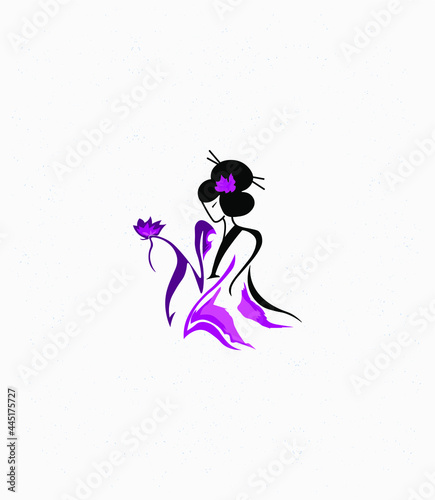 Japanese girl with a flower in her hand. A beautiful template for a Japanese-style logo. Fully editable