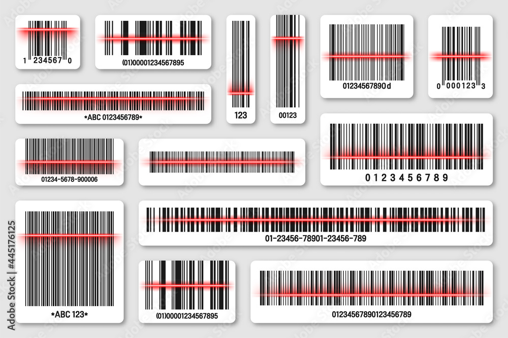 Set of product barcodes with red scanning line. Identification tracking code. Serial number, product ID with digital information. Store or supermarket scan labels, price tag. Vector illustration.