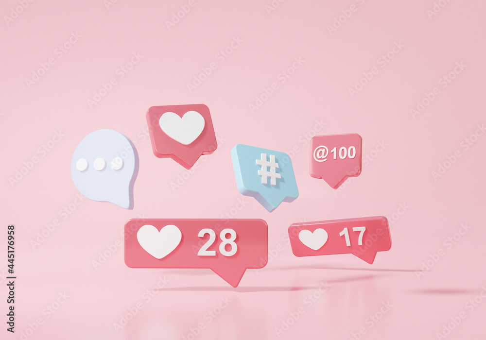 Bubble chat icon notification Floating or comment Social media concept, with show chat, message, add, mail, hashtags, Advertisement on pink background, banner, 3d rendering Bubble chat icon notification Floating or comment Social media concept, with show chat, message, add, mail, hashtags, Advertisement on pink background, banner, 3d rendering