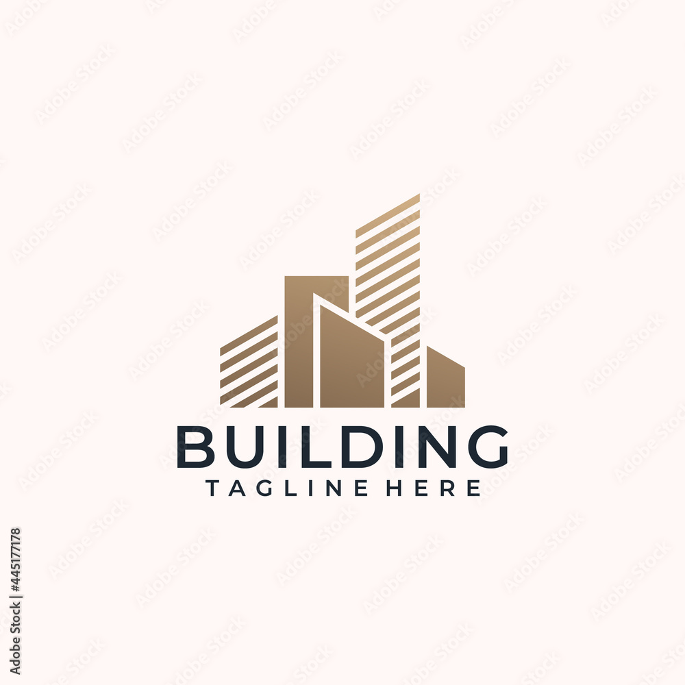 Building architecture creative gold logo residential house elegant town. Logo can be used for icon, brand, identity, real estate, hotel, resort, realty, and apartment