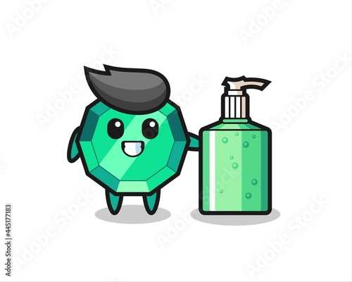 cute emerald gemstone cartoon with hand sanitizer