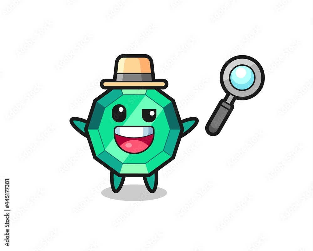 illustration of the emerald gemstone mascot as a detective who manages to solve a case
