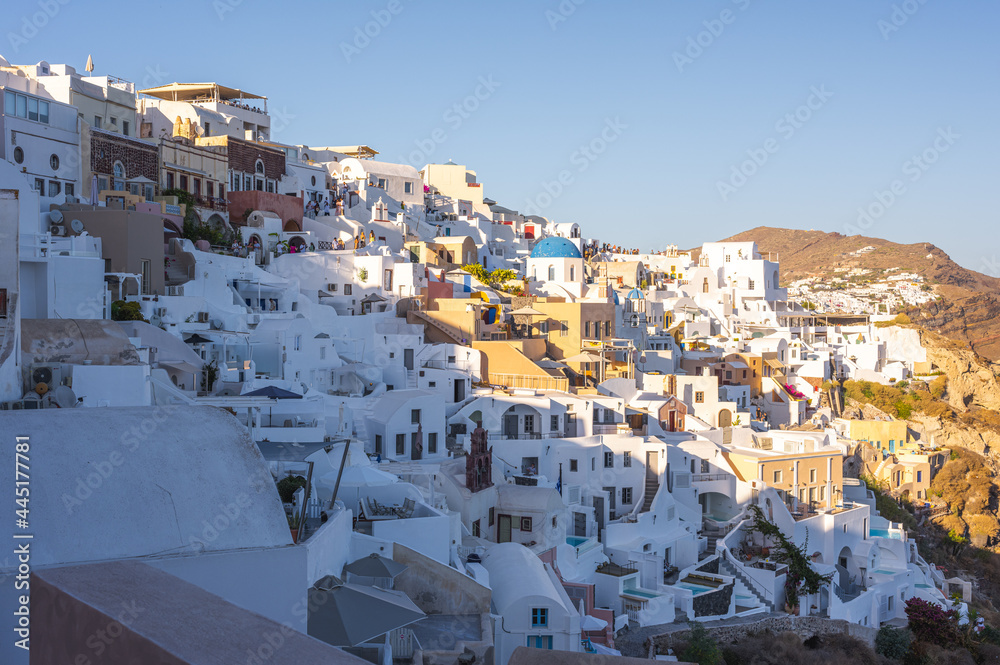 Santorini, Cyclades Islands, Greece. White houses and churches in summer