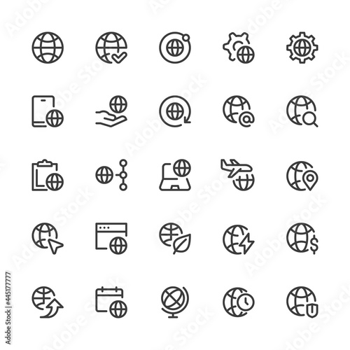 Globe, Earth, World Map, Global Connections, Travel. Simple Interface Icons for Web and Mobile Apps. Editable Stroke. 32x32 Pixel Perfect.