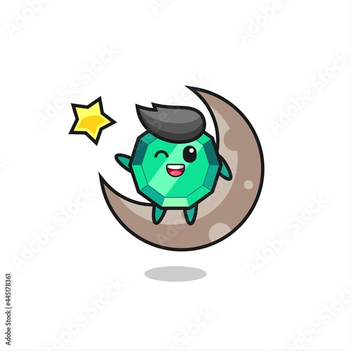 illustration of emerald gemstone cartoon sitting on the half moon © heriyusuf