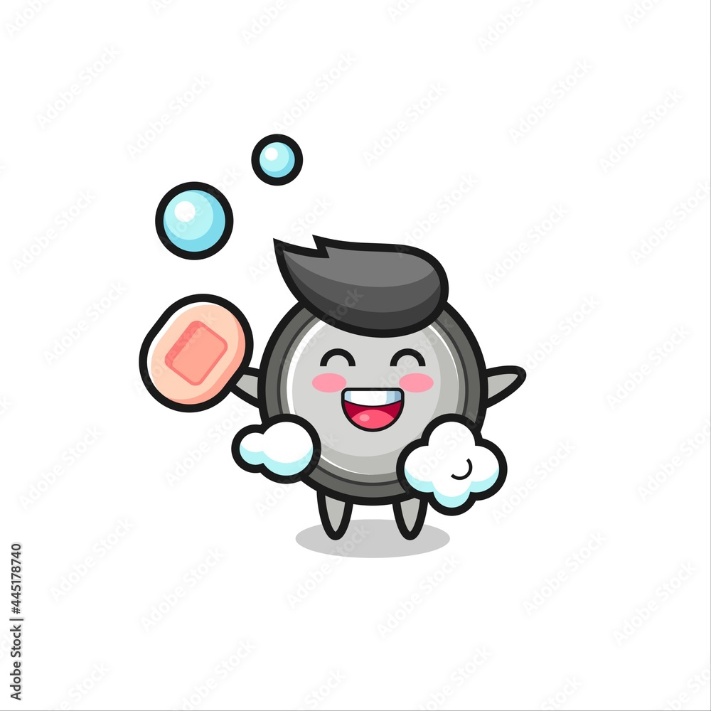 button cell character is bathing while holding soap