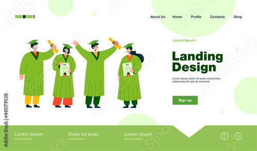 Happy graduated student standing and holding diplomas isolated flat vector illustration. Smiling guys and girls wearing academic gowns and graduation caps. College and university education concept