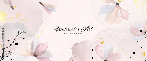 Fotografie, Obraz Abstract background watercolor gentle pink flower and gold splash