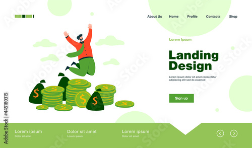 Happy millionaire jumping near pile of coins flat vector illustration. Cartoon businessman or banker celebrating income growth. Finance and stock market concept
