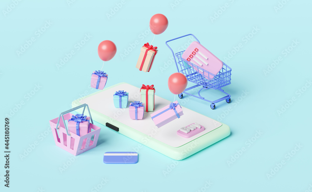 Fototapeta premium mobile phone or smartphone with shopping cart,basket,gift box,credit card isolated on blue background,festive New Year or online shopping concept,3d illustration or 3d render