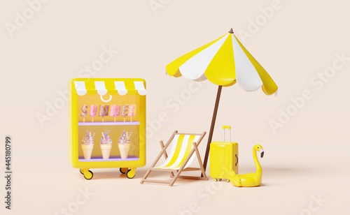 Fototapeta Naklejka Na Ścianę i Meble -  shop store with ice cream showcases or fridge,yellow suitcase,beach chair,Inflatable flamingo,umbrella isolated on cream color background,3d illustration or 3d render