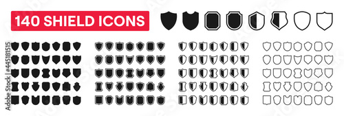 Shield black icon vector collection. Protect shields symbol. Isolated shield emblem set on white background. 140 shield Badges black pack. Vector illustration.